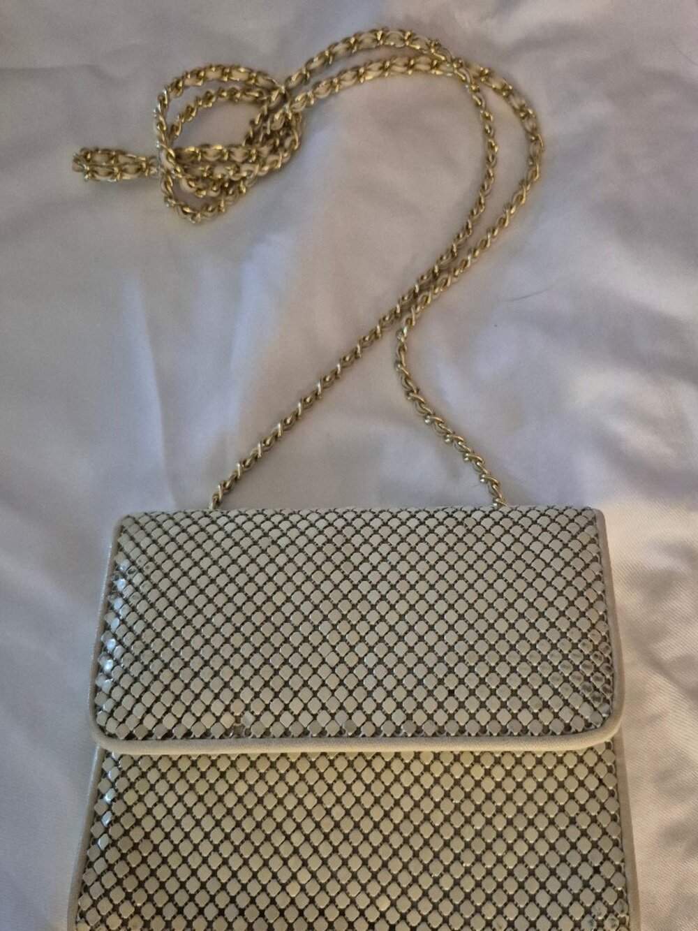 VINTAGE Whiting Davis Bag. Metal mesh cross body, w metal and leather chain.